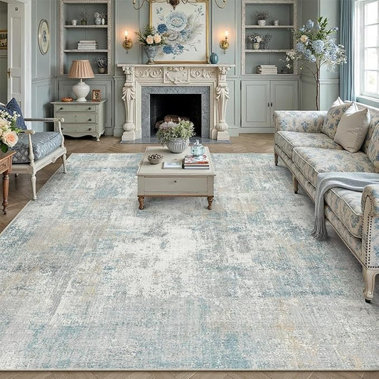 10x14 Area Rug Blue Cream Abstract Living Room Bedroom Washable Carpet Neutral Modern Non-Slip Soft Low Pile Lightweight Vacuumable Large Throw Rug for Dining Room