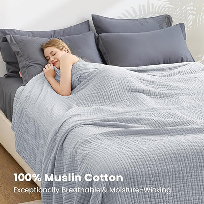 Love's cabin 6 Layer 100% Cotton Muslin Blanket, 90"x90" Muslin Blanket Queen for Couch Bed, Lightweight and Breathable Cotton Gauze for Adult, Light Grey