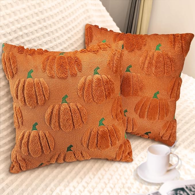 Fall Pumpkin Decorative Throw Pillow Covers 16x16 Set of 2 Pillow Covers, Faux Fur Square Pillow Cover Fluffy Plush Accent Throw Pillow Case, Throw Pillow Cover Cushion Cover for Autumn