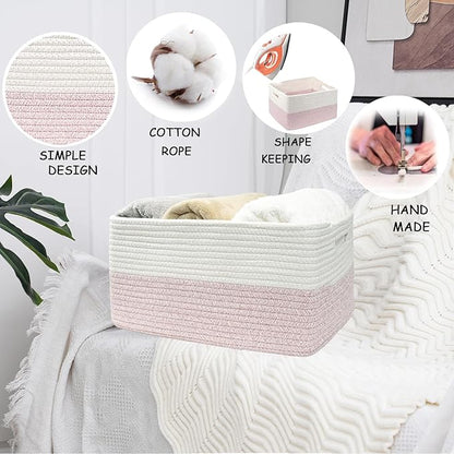 COMFY-HOMI 2 pcs Large Storage Baskets for Shelves, Laundry Basket, Woven Rope Basket, Closet Organizer Bins for Clothes Blanket Towels, Baby Nursery, Gift Toy Baskets, 17” x 13” x 7.5”-White/Pink