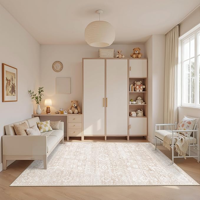 Area Rugs 4x6 for Living Room, Stain Resistant Neutral Washable Rugs for Dining Room, Kitchen, Floral Vintage Non-Slip Area Rug Farmhouse 4x6 Beige Rug