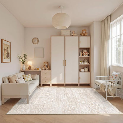 Area Rugs 4x6 for Living Room, Stain Resistant Neutral Washable Rugs for Dining Room, Kitchen, Floral Vintage Non-Slip Area Rug Farmhouse 4x6 Beige Rug