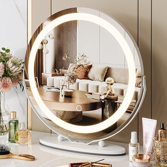 IDEALHOUSE 19 inch Makeup Mirror with Lights, Vanity Mirror with Smart Touch Control 3 Colors Dimmable Lights, 360°Rotation White Vanity Mirror for Bedroom, Tabletop and Desk Mirror