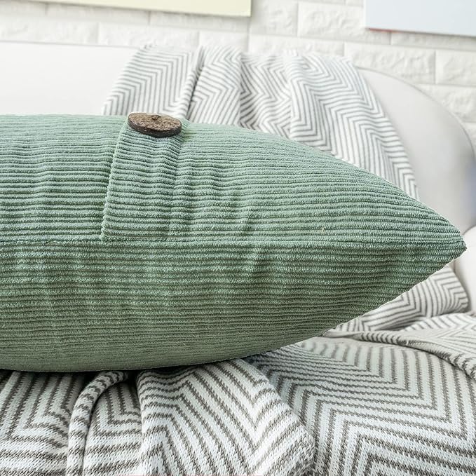 HWY 50 Sage Green Chenille Throw Pillow Covers 16x16 Inch with Triple Buttons, Soft Spring Farmhouse Accent Decorative Cushion Cases for Couch Sofa Bed Bedroom Pack of 2