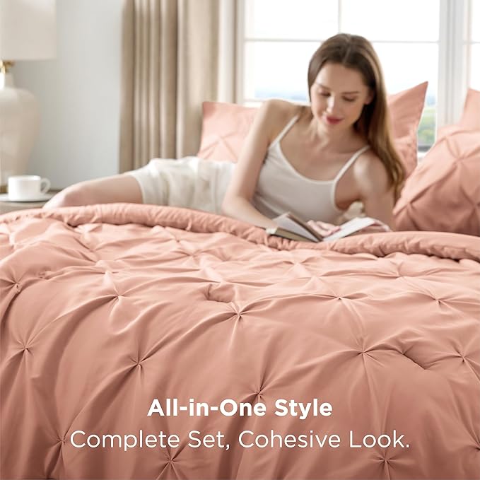Bedsure Full Comforter Set Dusty Pink - Bed in a Bag Full Size Bedding Set 7 Pieces, GentleSoft™ Pintuck Bed Set Gift for Family, Pinch Pleat All Season Comforter with Sheets, Pillowcases & Shams