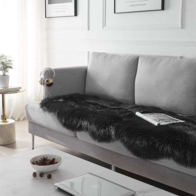 SERISSA Ultra Soft Fluffy Rug Black Faux Sheepskin Fur Area Rug Shaggy Couch Cover Seat Cushion Furry Carpet Beside Rugs for Bedroom Floor Sofa Living Room Runner 2x6 Feet Black
