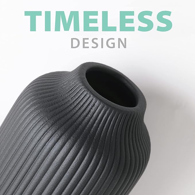 Ceramic Vase in Nordic Style, Decovase Large for Pampas Grass as Boho Deco, Vase Black Matt 8 inch for Flowers, Scandinavian Design Home Decoration for Fresh Flowers, Dried Flowers (Size M)