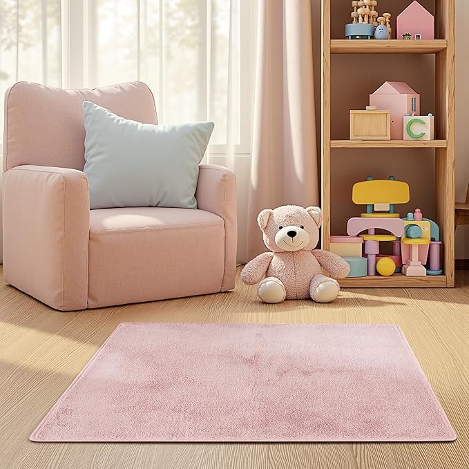 jinchan Solid Plush Area Rug 2x3 Performance Shaggy Washable Rug Indoor Entryway Doormat Soft Modern Faux Wool Cozy Non Slip Carpet for Living Room Kid Room Bedroom Nursery Pink