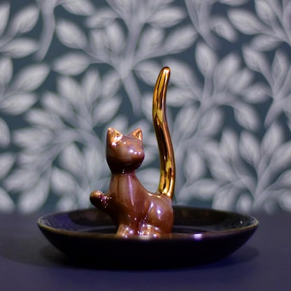 Brown Glazed Plated Gold Ceramic Elegant Engagement Wedding Cat Ring Trinket Dish