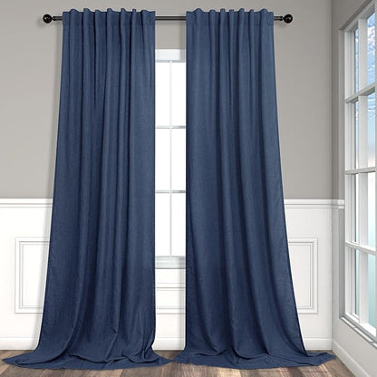 Pitalk Navy Extra Long Curtains 120 Length for Living Room 2 Panels Back Tab Loop Pocket Light Filtering Soft Linen Semi Privacy Sheer Dark Blue Curtains for Dining Room Patio Door Large Windows 10FT