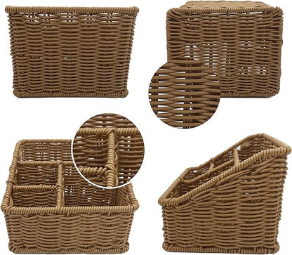 Rattan Remote Control Holder, Wicker Desk Organizer Basket for TV Remotes, Office Supplies, Makeup Brushes, Handwoven Storage Caddy for Tabletop, Shelf, or Kitchen Use (Natural Brown)