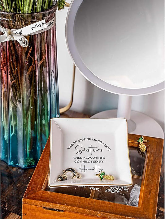 FACEINSE Ceramic Jewelry Trinket Dish for Sister, Long Distance Gifts for Sisters - Side by Side or Miles Apart, Sisters will Always be Connected by Heart - Gifts for Sisters for Birthday, Christmas, Graduation