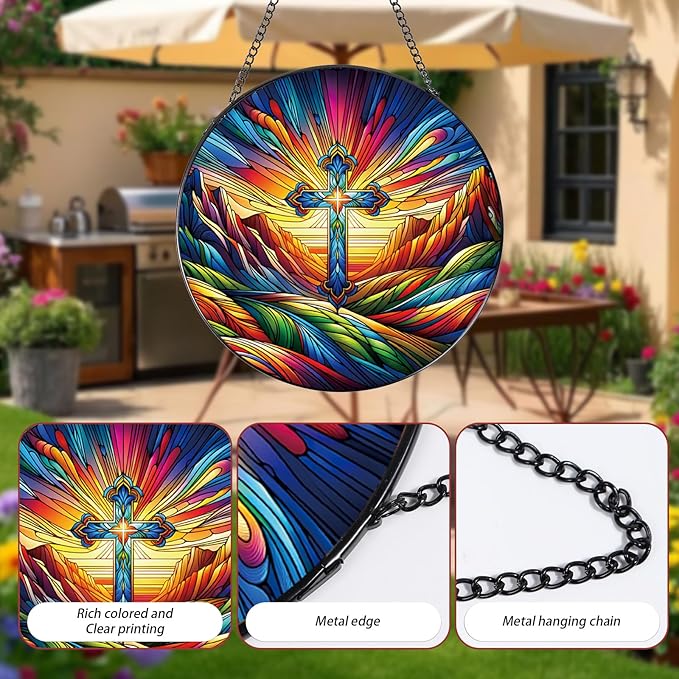 Rngmsi Stained Glass Window Hanging, 7.8″ Cross Sun Catchers with Hook Indoor Window Decor, Decorative Suncatchers Hanging Ornaments Home Garden Art Gift for Housewarming