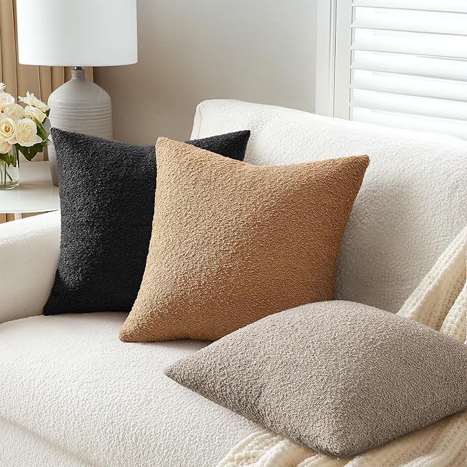 ANRODUO Pack of 2 Textured Boucle Throw Pillow Covers Soft Black Decorative Accent Solid Pillow Cases Cozy Modern Couch Cushion Case for Chair Sofa Bedroom Living Room Home Decor, 20 x 20 Inch