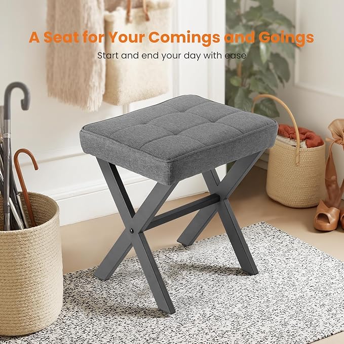 Sweetcrispy Vanity Stool Ottoman, Square Linen Makeup Stool Metal X Legs, Small Footstool Chair for Vanity, Modern Padded Seat Foot Rest for Makeup Room, Bathroom,Living Room, Entryway, Gray