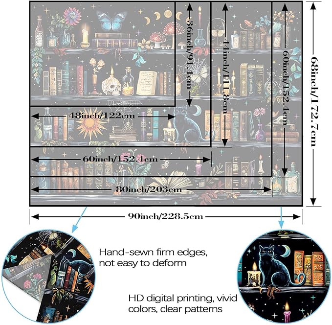 YEXIT Magic Bookshelf Tapestry, Witches & Skulls Gothic Wall Tapestries Black Cat for Study Room Living Room Dorm Bedroom 44×60 inch