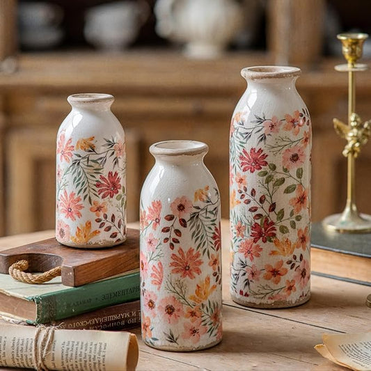 Vintage Vase Set of 3, Ceramic Vintage Flower Vases, Chinoiserie Decorative Home Decor Retro Floral Vase Rustic Farmhouse Decor for Table Bookshelf Mantel Kitchen Living Room Office - Colorful Daisy