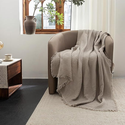 FOSSA Muslin Blanket with Fringe - 4-Layer 100% Cotton Gauze Super Soft & Breathable Throw -Lightweight Decorative Cooling Blanket for Bed, Sofa, Office -Oversize Queen Size 98" × 98" (Beige Gray)