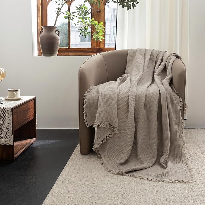 FOSSA Muslin Blanket with Fringe - 4-Layer 100% Cotton Gauze Super Soft & Breathable Throw -Lightweight Decorative Cooling Blanket for Bed, Sofa, Office - Super King Size 108" × 98" (Beige Gray)