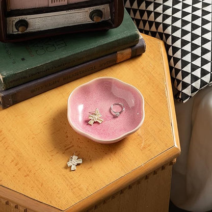 Ceramic Jewelry Tray Ring Holder Dish Floral Trinket Bowl for Women Girls Jewelry Organizer for Vanity Dresser Decor Wedding Birthday Gift for Her (pink)