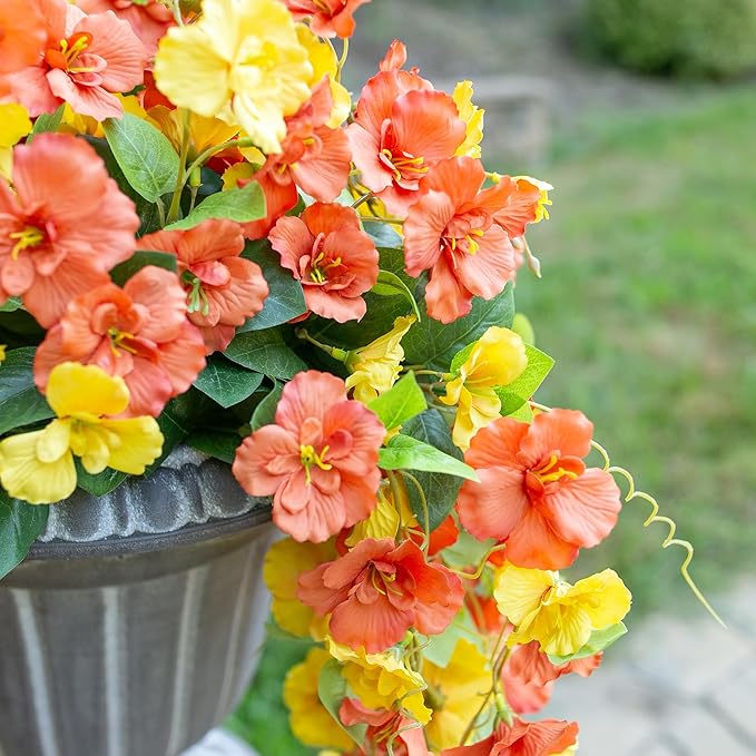 HyeFlora Hibiscus Fall Flowers Artificial Hanging Flowers Plants for Outdoors Autumn Decoration, 2pcs Silk Hibiscus Vines Realistic UV Resistant Faux Flowers for Outside Planters Yard Garden Home, Mix