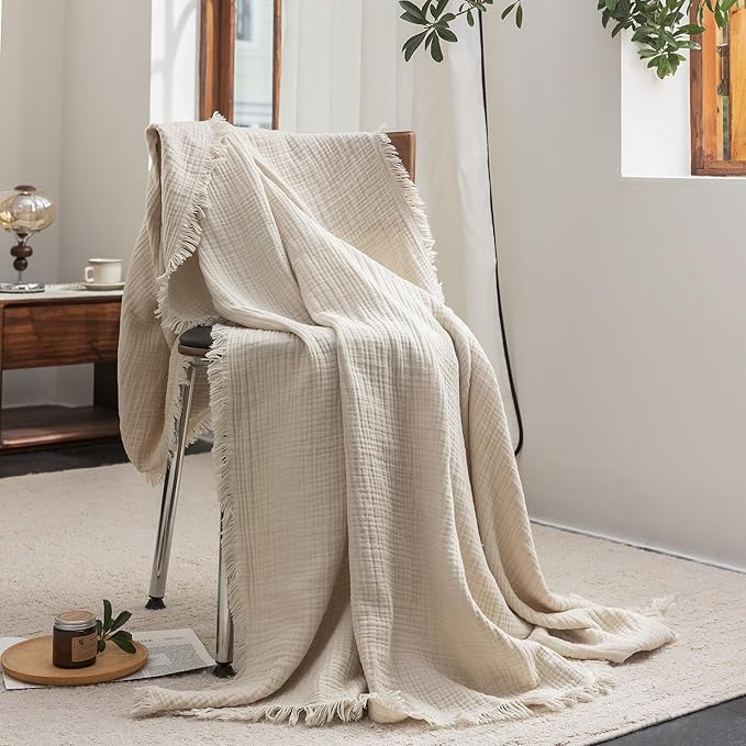 FOSSA Muslin Blanket with Fringe - 4-Layer 100% Cotton Gauze Super Soft & Breathable Throw -Lightweight Decorative Cooling Blanket for Bed, Sofa, Office -Oversize Queen Size 98" × 98" (Beige)