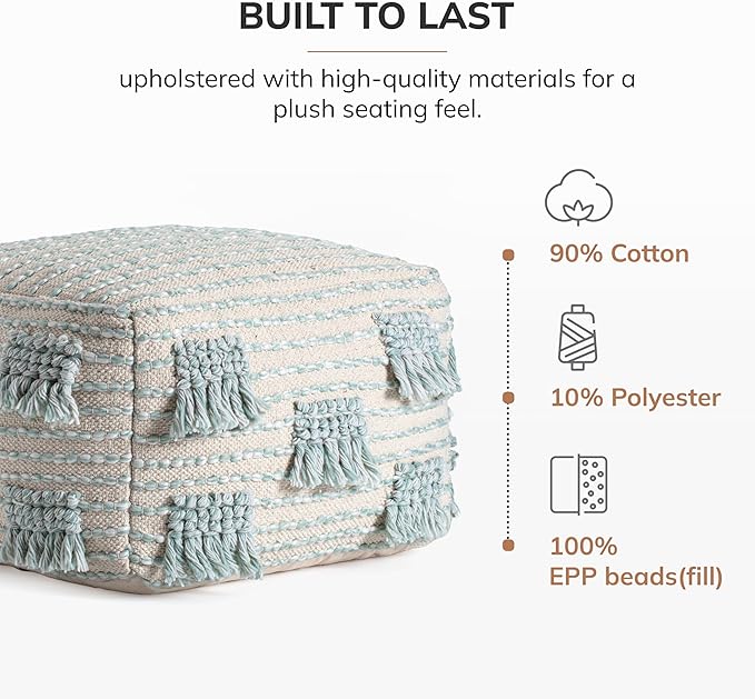 Anji Mountain 100% Handmade & Handcrafted Comfortable Home Décor Pouf Ottoman Footrest for Living Room, Bedroom, Nursery, Kidsroom, Patio Furniture - (22" x 22" x 16"- Green,Beige)