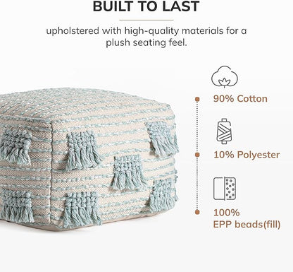 Anji Mountain 100% Handmade & Handcrafted Comfortable Home Décor Pouf Ottoman Footrest for Living Room, Bedroom, Nursery, Kidsroom, Patio Furniture - (22" x 22" x 16"- Green,Beige)