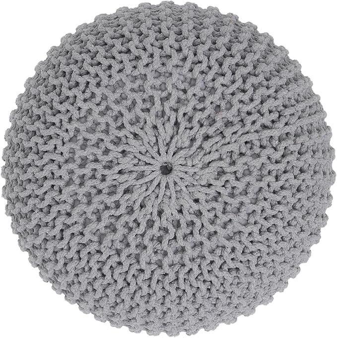 REDEARTH · Round Boho Pouf Ottoman - Cable Knitted Cord Boho Pouffe - Stuffed Poof Accent Beanbag Footrest for Living Room - Nursery - Bedroom - Covered Patio - Study Nook (18”x18”x14”) - Gray-S