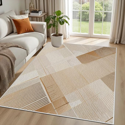 Minimalist Abstract Area Rug 6x8 Brown Boho, Modern Washable Stripe Art Rugs, Soft Non-Slip Low-Pile Carpet for Living Room, Bedroom, Kitchen, Dining Room, Pet Friendly, Non-Shedding, Beige
