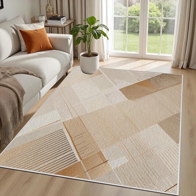 Minimalist Abstract Area Rug 4x6 Brown Boho, Modern Washable Stripe Art Rugs, Soft Non-Slip Low-Pile Carpet for Living Room, Bedroom, Kitchen, Dining Room, Pet Friendly, Non-Shedding, Beige