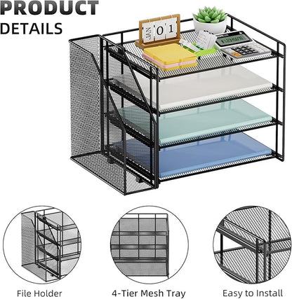 Marbrasse Desk Organizer and Accessories，4-Tier Paper Letter Tray Organizer with File Holder，Desk Accessories & Workspace Desktop Organizers for School Home Office Supplies (Black)