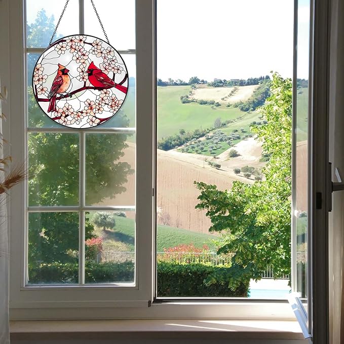 Cardinal Sun Catcher Stained Glass Window Hanging Cardinal Decor Gifts for Women Handmade Sun Catcher Decoration for Garden Home Housewarming Gift Valentine's Day Gifts（6 inch）