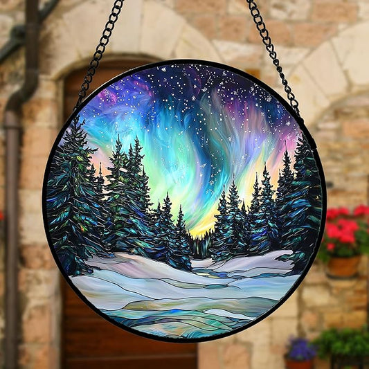 DASTOLL Stained Glass Window Hanging, Aurora Landscape Sun Catchers Glass Panel Green Trees Suncatcher Decor for Birthday for Women, Men, Wife, Aunt, and Mom 11.8x11.8 in