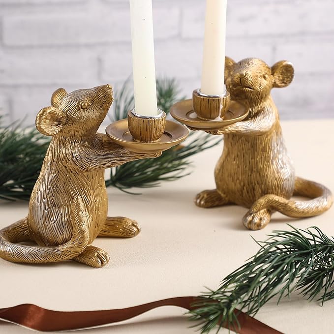 Mumufy Set of 2 Gold Antique Mouse Candle Holders Resin Candlestick Holder Table Decor for Living Room, Dinner, Fireplace Mantle, Christmas Decoration Vintage Decorative Table Centerpiece, Home Party