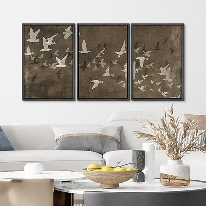 MUDECOR Framed Wall Art Print Set Flock of Abstract Birds in Flight Earthy Tones Illustrations Modern Art Boho Decorative Colorful Chic for Living Room, Bedroom, Office - 24"x36"x3 Black
