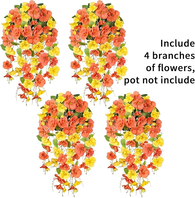 HyeFlora Hibiscus Fall Flowers Artificial Hanging Flowers Plants for Outdoors Autumn Decoration, 4pcs Silk Hibiscus Vines Realistic UV Resistant Faux Flowers for Outside Planters Yard Garden Home, Mix