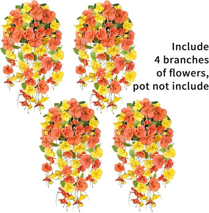 HyeFlora Hibiscus Fall Flowers Artificial Hanging Flowers Plants for Outdoors Autumn Decoration, 4pcs Silk Hibiscus Vines Realistic UV Resistant Faux Flowers for Outside Planters Yard Garden Home, Mix