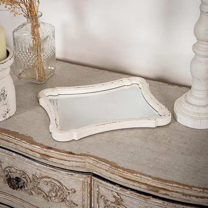 Rustic Wood Framed Small Wall Mirror Decor 12 x 9 inches, Handmade Distressed White Vintage Decorative Mirror, Farmhouse Bathroom Mirrors for Vanity, Hanging Ornate Accent Sculpted Mirrors