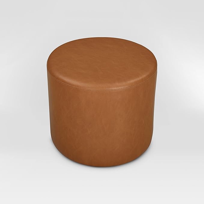 Lifestyle Solutions 19” Wentworth Ottoman Round Faux Leather Bench, Stationary Ottomans, Backless Chair, Footrest for Living Room, Footstool Office, Bedroom, Padded Seat, Caramel Brown