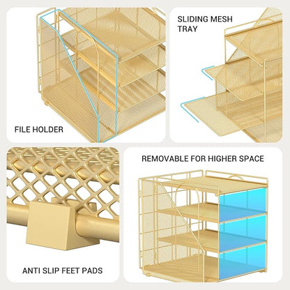Gold Desk Organizer, 4-Tier Metal Paper Organizer for Desk with Vertical File Holder, Office Accessories and Desktop Storage for Office Supplies (Gold)