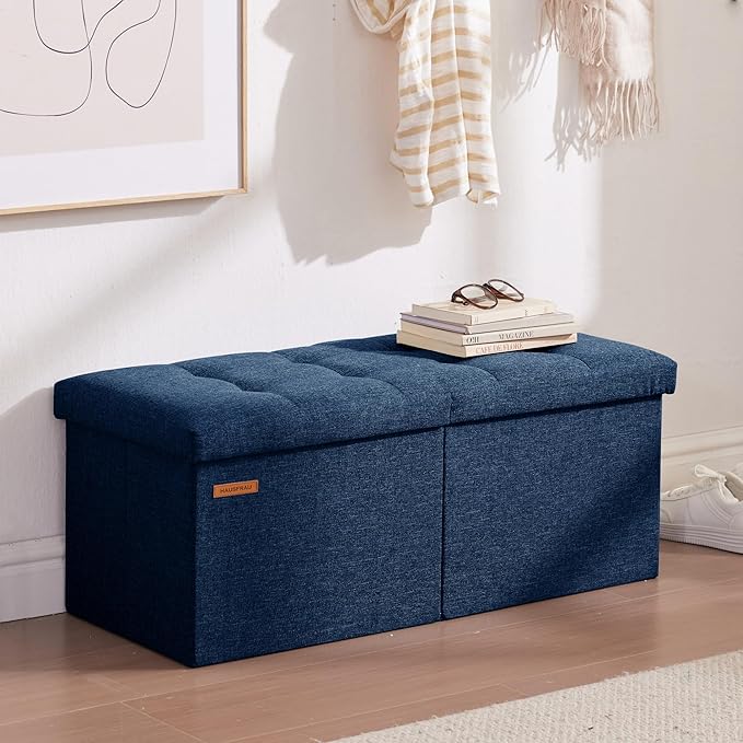 HAUSFRAU 31.5 Inches Ottoman with Storage Bench, Folding Ottoman Bench Small Foot Rest Stool, Bedroom Bench with Flipping Lid, Linen Navy Blue