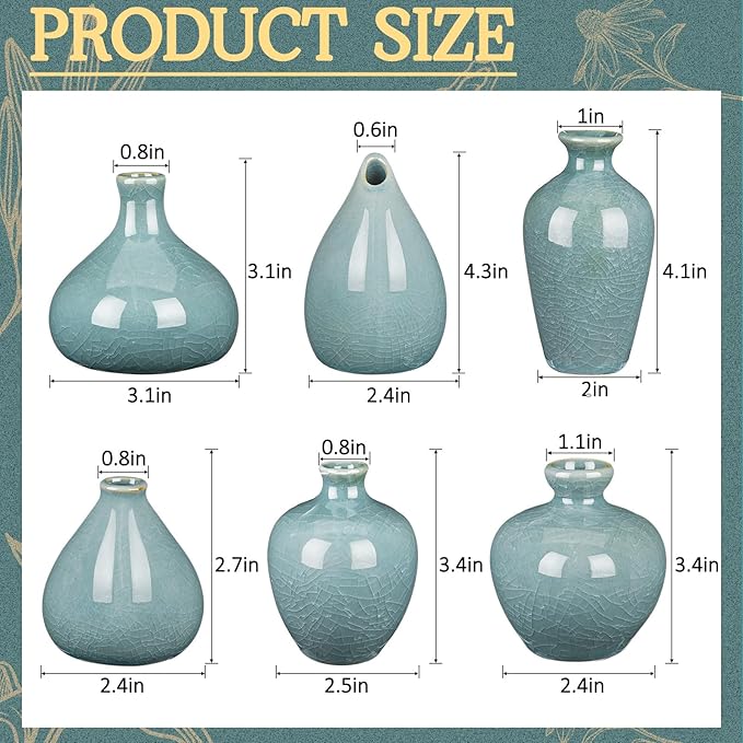 FoldTier 6 Pcs Green Mini Ceramic Bud Vase Vintage Flower Vases Ice Cracked for Farmhouse Rustic Boho Style Table Shelves Home Office Decor Gifts(Classical,Green)