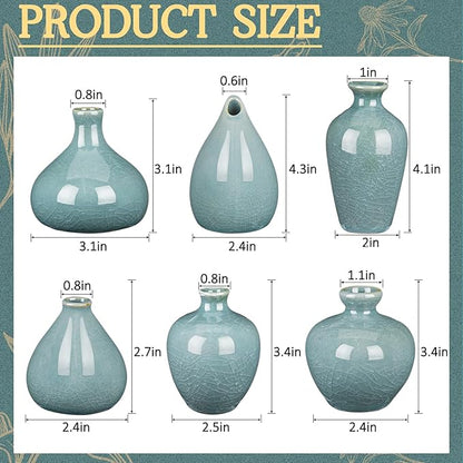 FoldTier 6 Pcs Green Mini Ceramic Bud Vase Vintage Flower Vases Ice Cracked for Farmhouse Rustic Boho Style Table Shelves Home Office Decor Gifts(Classical,Green)