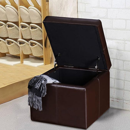 Adeco Faux Leather Cube Storage Ottoman, Brown Ottomans for Living Room, Bedroom