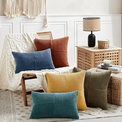 Fancy Homi 2 Packs Teal Long Lumbar Decorative Throw Pillow Covers 12x24 Inch for Couch Bed Sofa, Rustic Farmhouse Boho Home Decor, Soft Striped Corduroy Rectangle Accent Cushion Case 30x60 cm