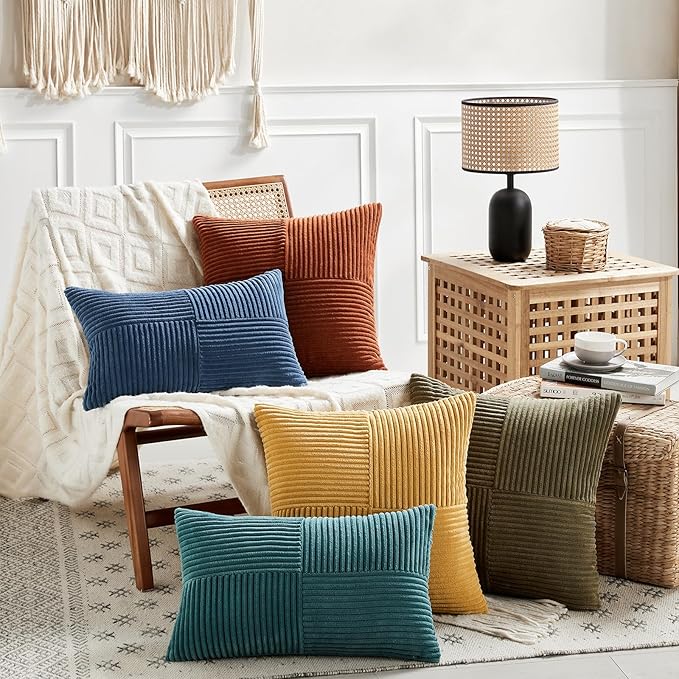 Fancy Homi 2 Packs Teal Lumbar Decorative Throw Pillow Covers 20x28 Inch for Living Room Couch Bed Sofa, Rustic Farmhouse Boho Home Decor, Soft Striped Corduroy Rectangle Accent Cushion Case 50x70 cm