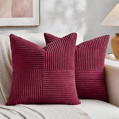 Fancy Homi 2 Packs Burgundy Red Decorative Throw Pillow Covers 18x18 Inch for Living Room Couch Sofa, Boho Christmas Home Decor, Soft Corss Corduroy Patchwork Textured Square Cushion Case 45x45 cm