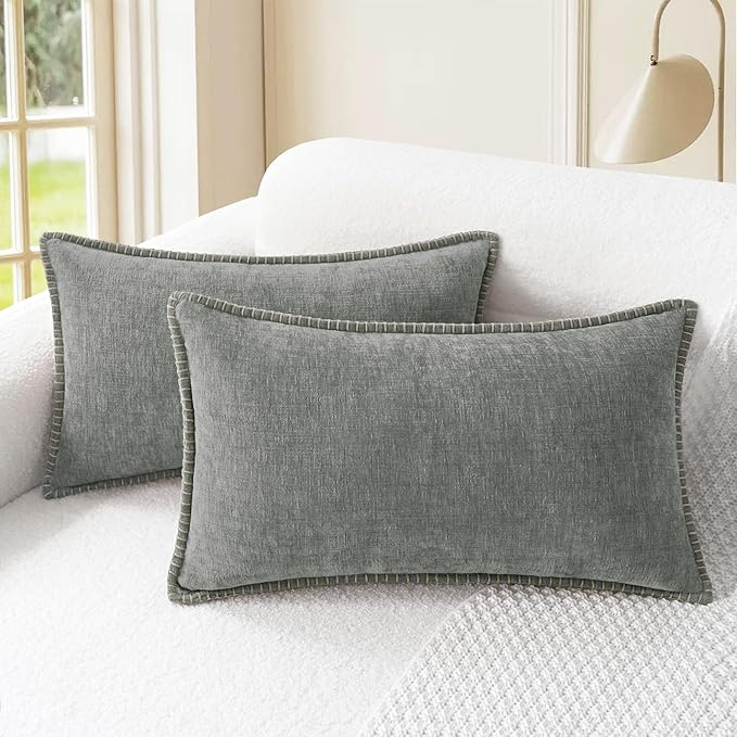 CaliTime Throw Pillow Covers Decorative 12 X 20 Inches Pack of 2 Cotton Thread Stitching Edges Solid Dyed Soft Chenille Cushion Cases for Couch Sofa Bed Living Room Farmhouse Medium Grey