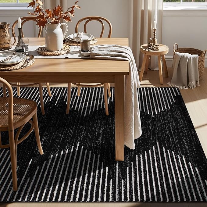 Rugshop Bohemian Stripe Stain Resistant Carpet High Traffic Living Room Kitchen Bedroom Dining Room Large Areas Basement Open Spaces Area Rug 8' x 10' Black